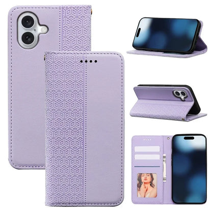 For iPhone 16 Plus Wallet Phone Case Strong Magnetic Checkered Pattern Imprint Leather Flip Cover