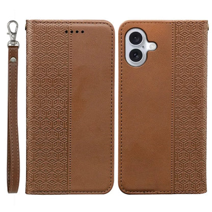 For iPhone 16 Plus Wallet Phone Case Strong Magnetic Checkered Pattern Imprint Leather Flip Cover