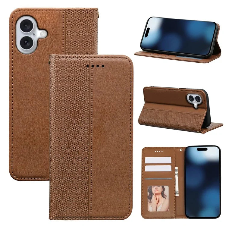 For iPhone 16 Plus Wallet Phone Case Strong Magnetic Checkered Pattern Imprint Leather Flip Cover