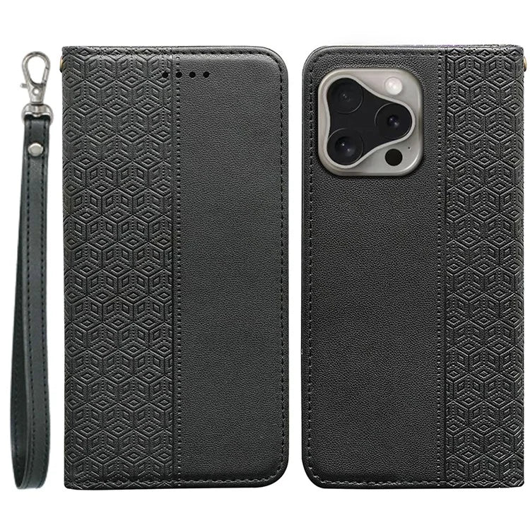 For iPhone 16 Pro Wallet Phone Case Strong Magnetic Checkered Pattern Imprint Leather Flip Cover