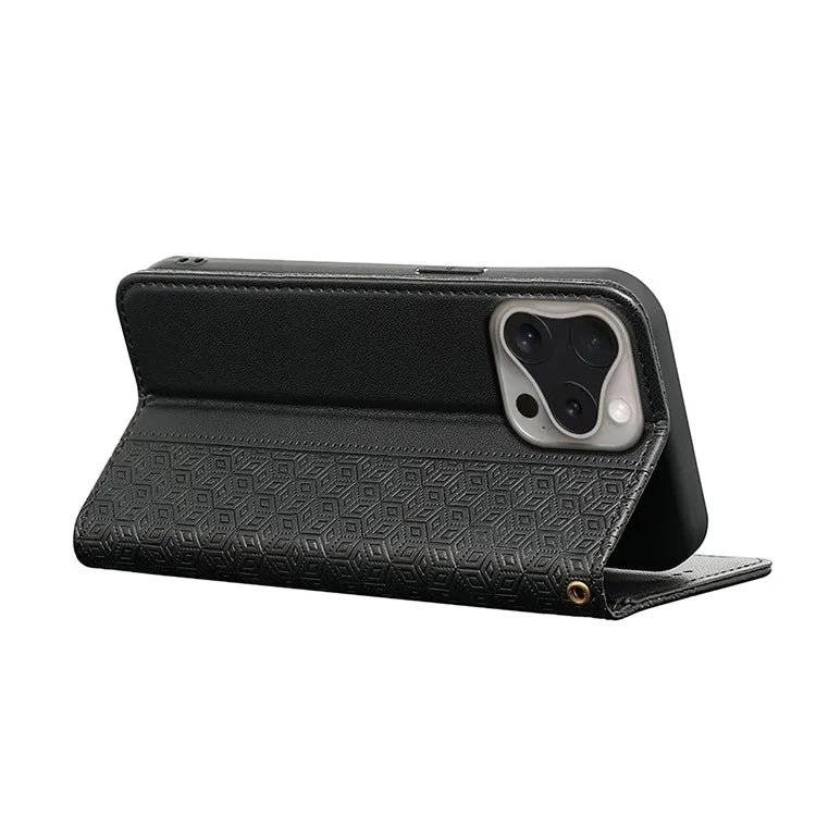 For iPhone 16 Pro Wallet Phone Case Strong Magnetic Checkered Pattern Imprint Leather Flip Cover