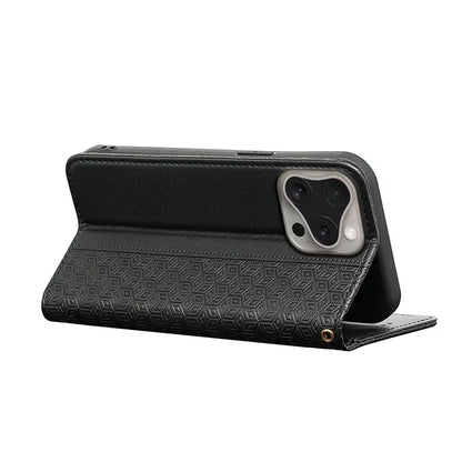 For iPhone 16 Pro Wallet Phone Case Strong Magnetic Checkered Pattern Imprint Leather Flip Cover
