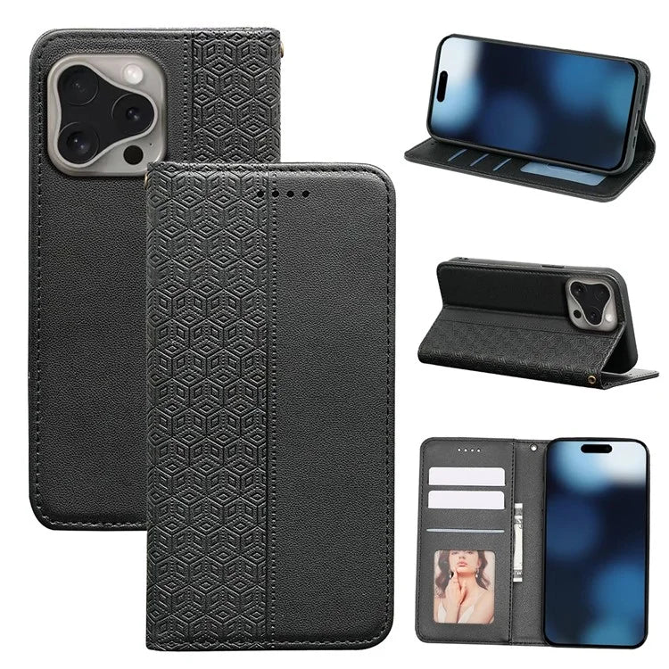 For iPhone 16 Pro Wallet Phone Case Strong Magnetic Checkered Pattern Imprint Leather Flip Cover