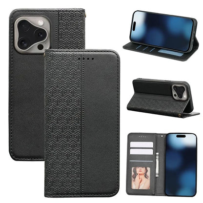 For iPhone 16 Pro Wallet Phone Case Strong Magnetic Checkered Pattern Imprint Leather Flip Cover
