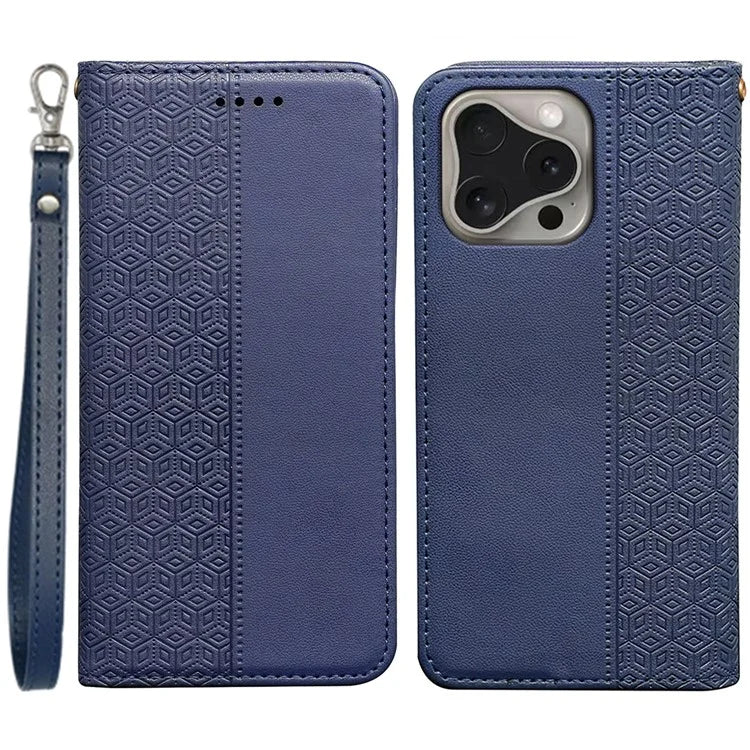 For iPhone 16 Pro Wallet Phone Case Strong Magnetic Checkered Pattern Imprint Leather Flip Cover
