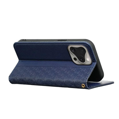 For iPhone 16 Pro Wallet Phone Case Strong Magnetic Checkered Pattern Imprint Leather Flip Cover