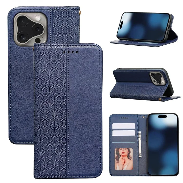 For iPhone 16 Pro Wallet Phone Case Strong Magnetic Checkered Pattern Imprint Leather Flip Cover