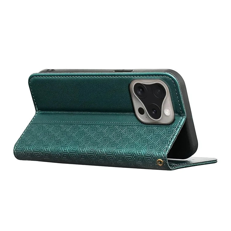 For iPhone 16 Pro Wallet Phone Case Strong Magnetic Checkered Pattern Imprint Leather Flip Cover