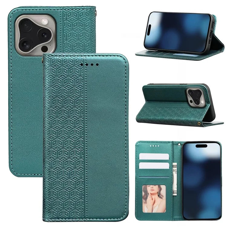 For iPhone 16 Pro Wallet Phone Case Strong Magnetic Checkered Pattern Imprint Leather Flip Cover