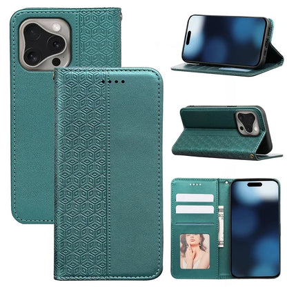For iPhone 16 Pro Wallet Phone Case Strong Magnetic Checkered Pattern Imprint Leather Flip Cover