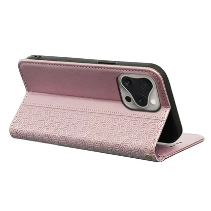 For iPhone 16 Pro Wallet Phone Case Strong Magnetic Checkered Pattern Imprint Leather Flip Cover