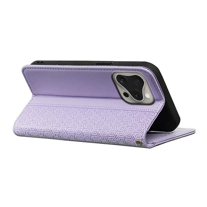 For iPhone 16 Pro Wallet Phone Case Strong Magnetic Checkered Pattern Imprint Leather Flip Cover