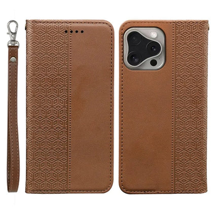 For iPhone 16 Pro Wallet Phone Case Strong Magnetic Checkered Pattern Imprint Leather Flip Cover