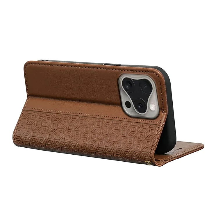 For iPhone 16 Pro Wallet Phone Case Strong Magnetic Checkered Pattern Imprint Leather Flip Cover