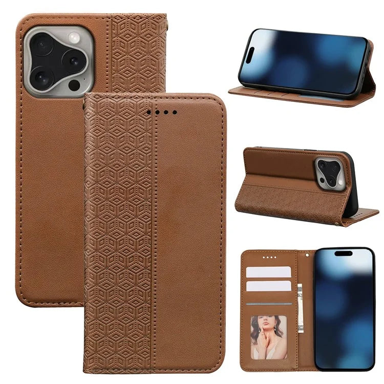For iPhone 16 Pro Wallet Phone Case Strong Magnetic Checkered Pattern Imprint Leather Flip Cover