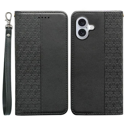 For iPhone 16 Wallet Phone Case Strong Magnetic Checkered Pattern Imprint Leather Flip Cover