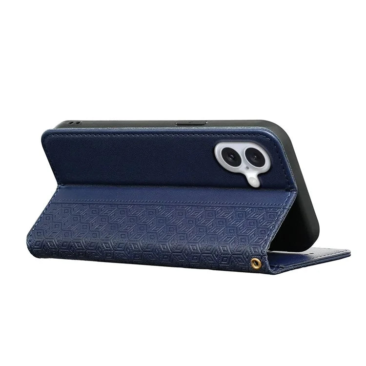 For iPhone 16 Wallet Phone Case Strong Magnetic Checkered Pattern Imprint Leather Flip Cover