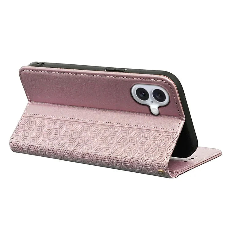 For iPhone 16 Wallet Phone Case Strong Magnetic Checkered Pattern Imprint Leather Flip Cover