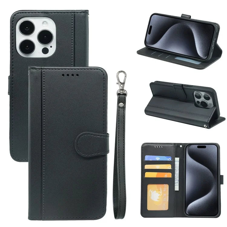 For iPhone 16 Pro Wallet Case Magnetic Snap Leather Phone Cover with Strap