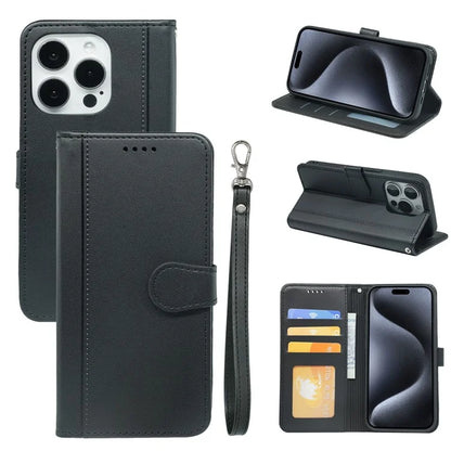 For iPhone 16 Pro Wallet Case Magnetic Snap Leather Phone Cover with Strap