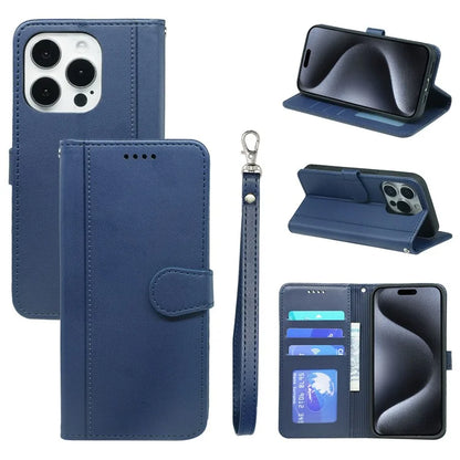 For iPhone 16 Pro Wallet Case Magnetic Snap Leather Phone Cover with Strap