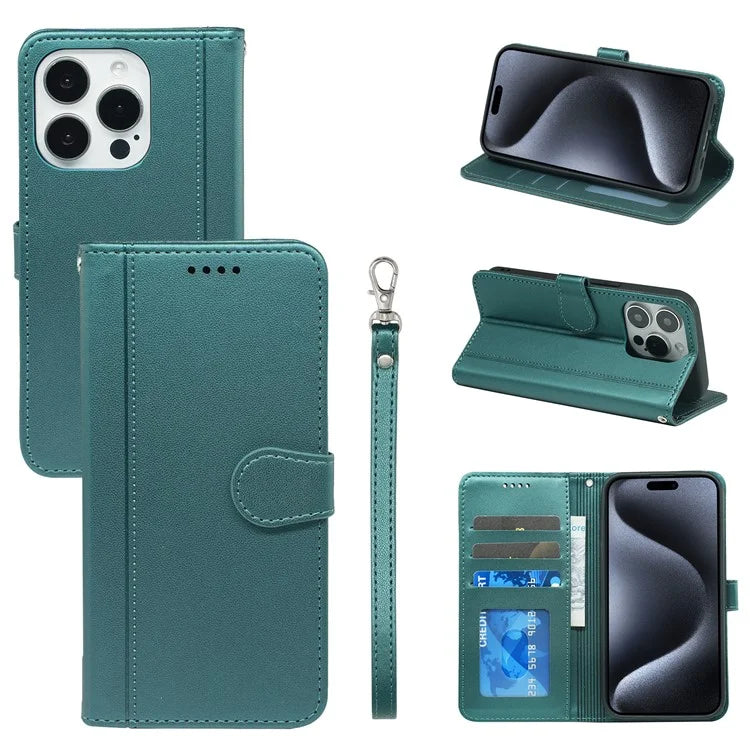 For iPhone 16 Pro Wallet Case Magnetic Snap Leather Phone Cover with Strap