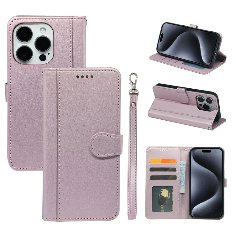 For iPhone 16 Pro Wallet Case Magnetic Snap Leather Phone Cover with Strap