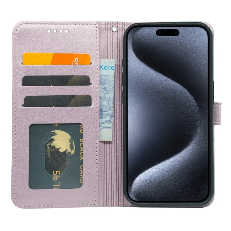 For iPhone 16 Pro Wallet Case Magnetic Snap Leather Phone Cover with Strap
