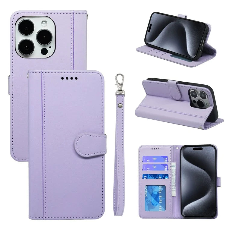 For iPhone 16 Pro Wallet Case Magnetic Snap Leather Phone Cover with Strap