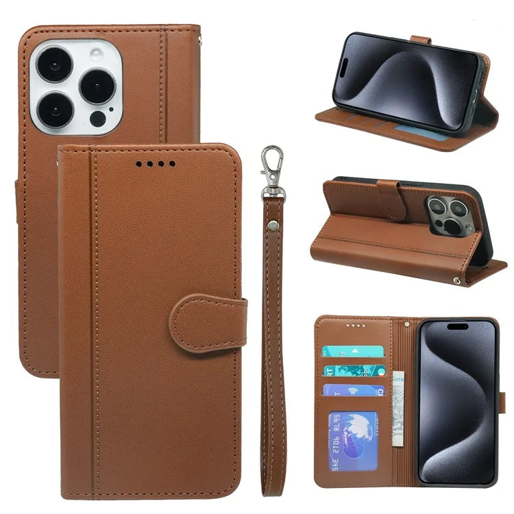 For iPhone 16 Pro Wallet Case Magnetic Snap Leather Phone Cover with Strap
