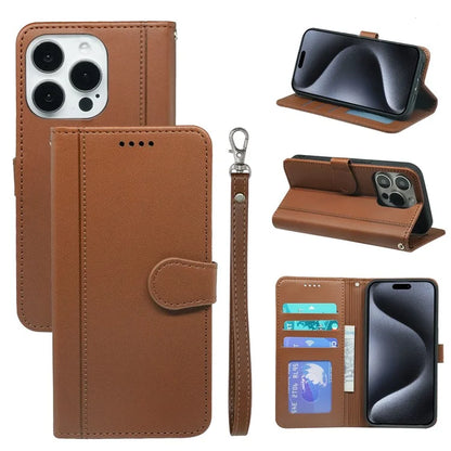 For iPhone 16 Pro Wallet Case Magnetic Snap Leather Phone Cover with Strap