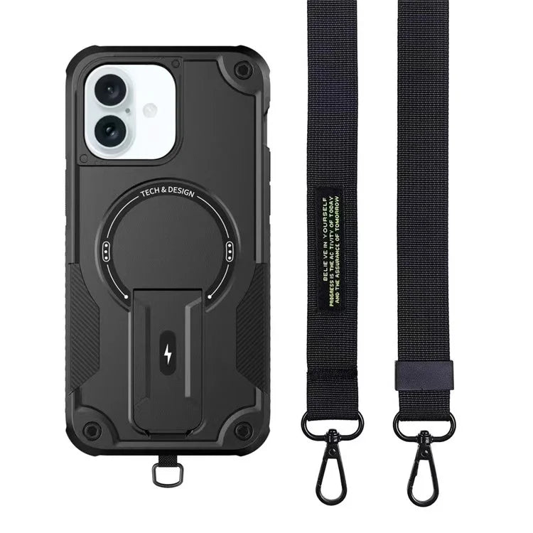 For iPhone 16 Plus Case Compatible with MagSafe TPU+PC Kickstand Phone Cover with Strap
