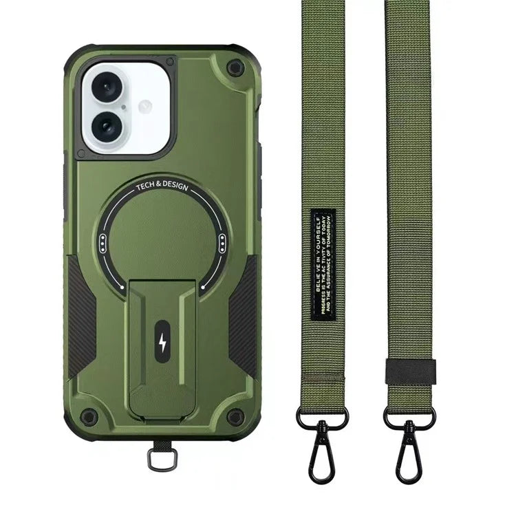 For iPhone 16 Case Compatible with MagSafe TPU+PC Kickstand Phone Cover with Strap