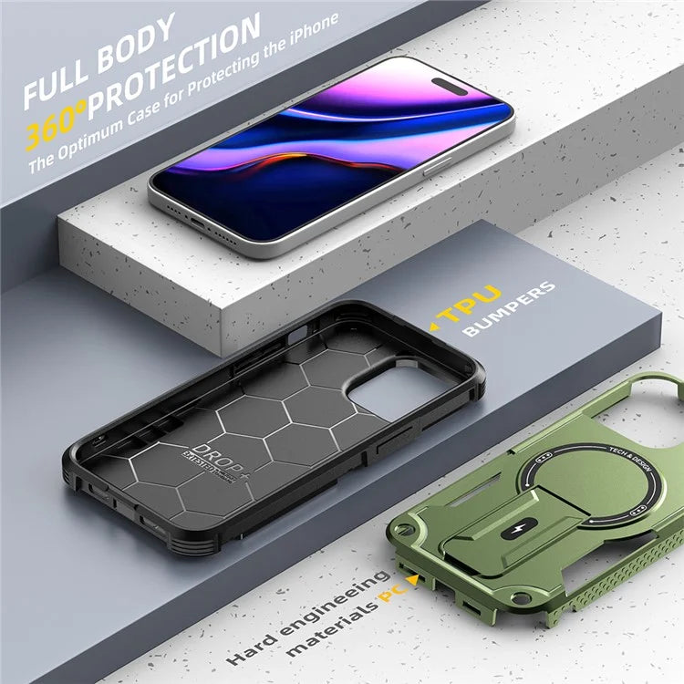 For iPhone 16 Case Compatible with MagSafe TPU+PC Kickstand Phone Cover with Strap