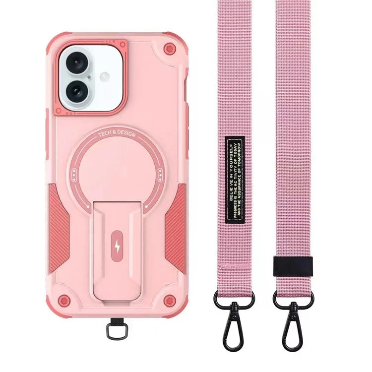 For iPhone 16 Case Compatible with MagSafe TPU+PC Kickstand Phone Cover with Strap