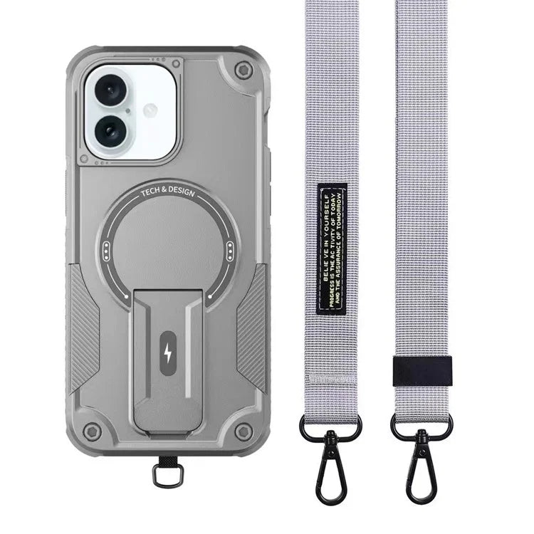For iPhone 16 Case Compatible with MagSafe TPU+PC Kickstand Phone Cover with Strap