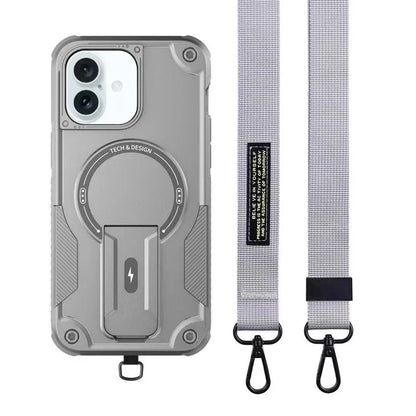 For iPhone 16 Case Compatible with MagSafe TPU+PC Kickstand Phone Cover with Strap