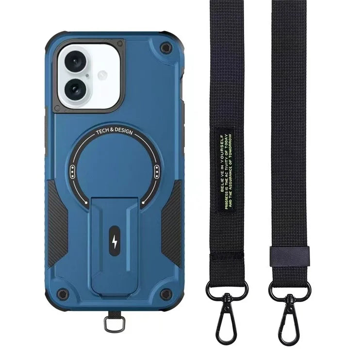 For iPhone 16 Case Compatible with MagSafe TPU+PC Kickstand Phone Cover with Strap