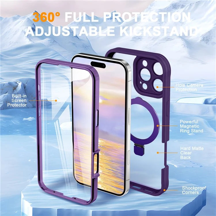 For iPhone 16 Pro Case Skin Touch Solid Color TPU+PC Phone Cover with Magnetic Kickstand PET Screen Protector