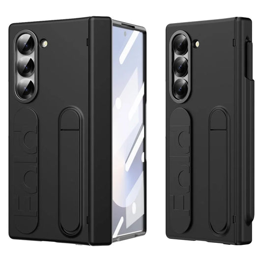 For Samsung Galaxy Z Fold6 5G Case Kickstand Wristband PC Phone Cover with Tempered Glass Film