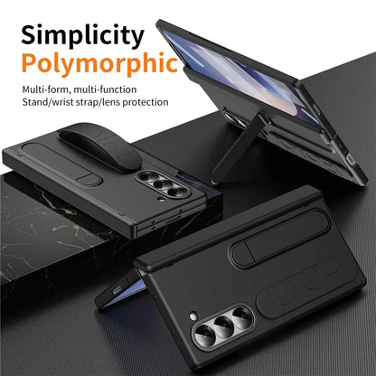 For Samsung Galaxy Z Fold6 5G Case Kickstand Wristband PC Phone Cover with Tempered Glass Film