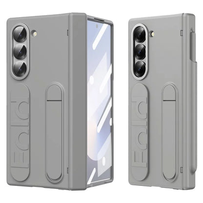 For Samsung Galaxy Z Fold6 5G Case Kickstand Wristband PC Phone Cover with Tempered Glass Film