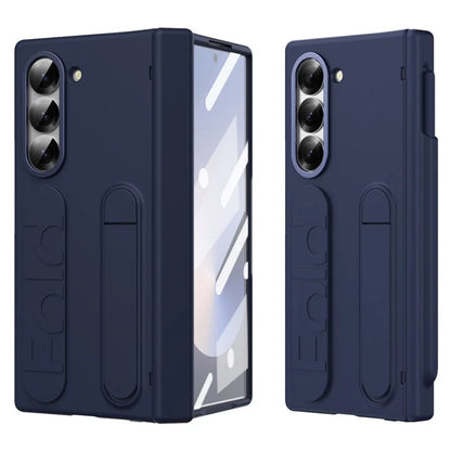 For Samsung Galaxy Z Fold6 5G Case Kickstand Wristband PC Phone Cover with Tempered Glass Film