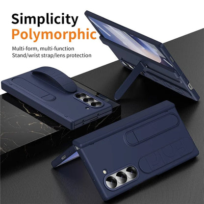 For Samsung Galaxy Z Fold6 5G Case Kickstand Wristband PC Phone Cover with Tempered Glass Film