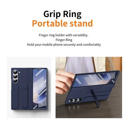 For Samsung Galaxy Z Fold6 5G Case Kickstand Wristband PC Phone Cover with Tempered Glass Film