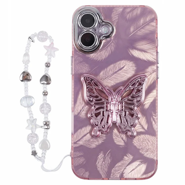 For iPhone 16 Plus Case Butterfly Kickstand PC+TPU IMD Phone Cover with Lens Film / Beaded Strap