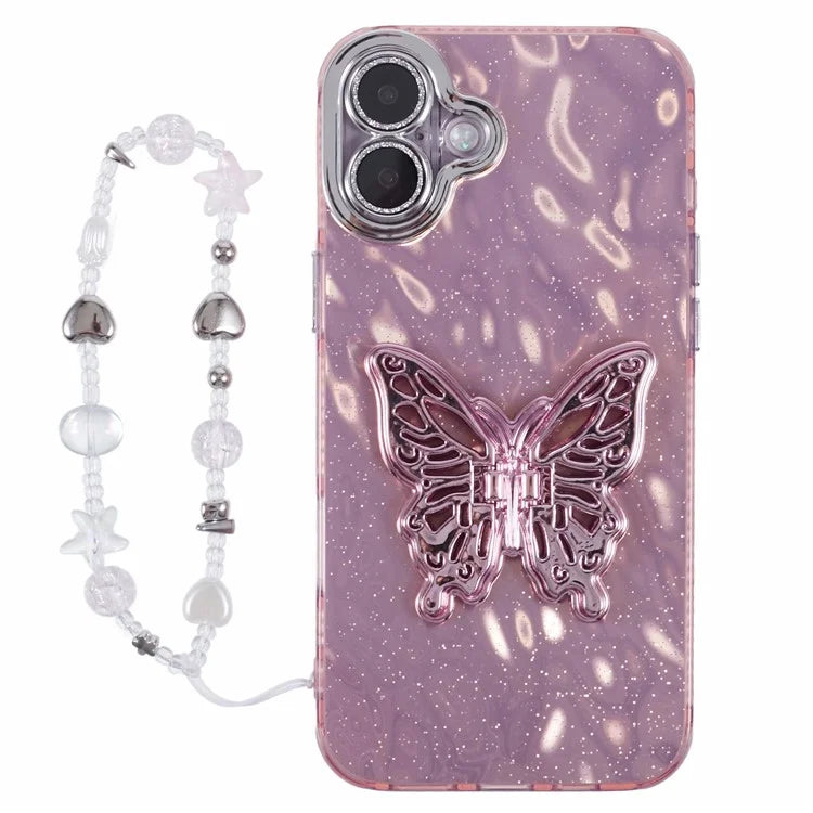 For iPhone 16 Plus Case Butterfly Kickstand PC+TPU IMD Phone Cover with Lens Film / Beaded Strap