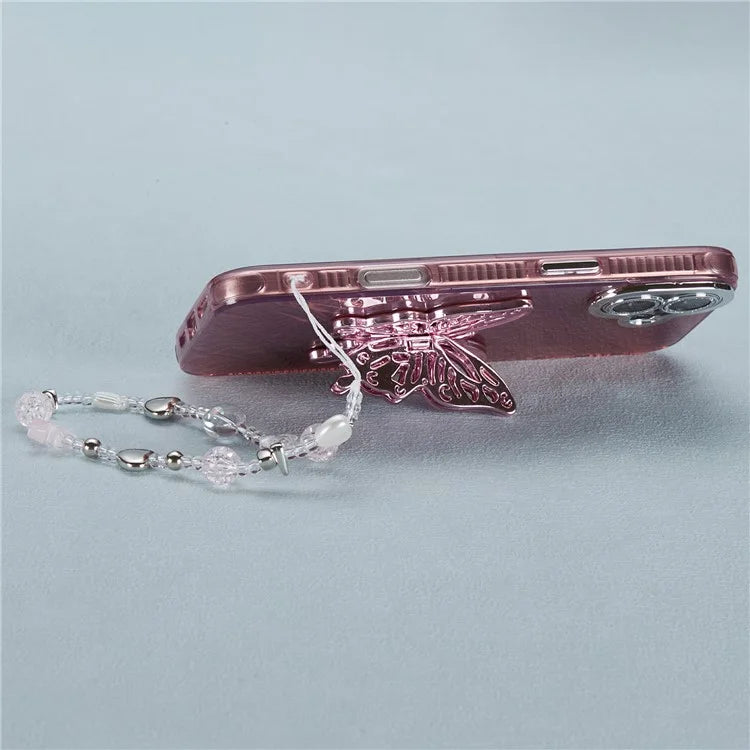 For iPhone 16 Plus Case Butterfly Kickstand PC+TPU IMD Phone Cover with Lens Film / Beaded Strap