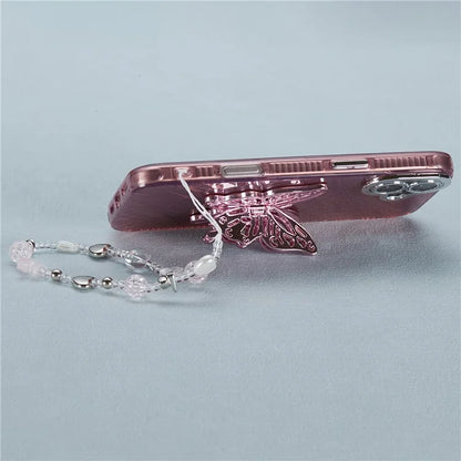For iPhone 16 Plus Case Butterfly Kickstand PC+TPU IMD Phone Cover with Lens Film / Beaded Strap