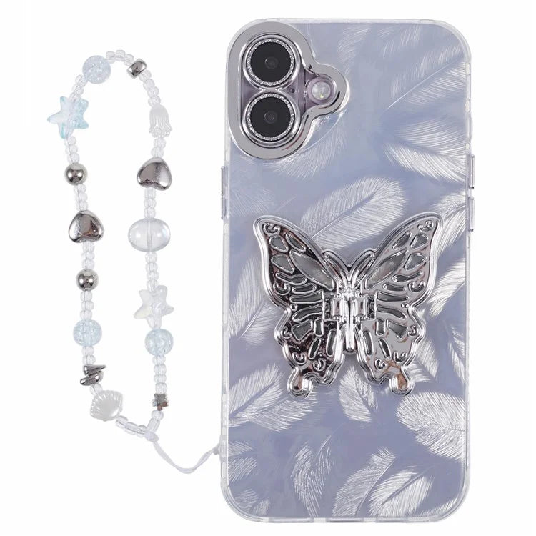 For iPhone 16 Plus Case Butterfly Kickstand PC+TPU IMD Phone Cover with Lens Film / Beaded Strap